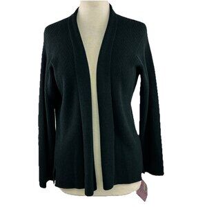 Eileen Fisher Sz PL Dark Green Open Front Ribbed Wool Cardigan Sweater Petite